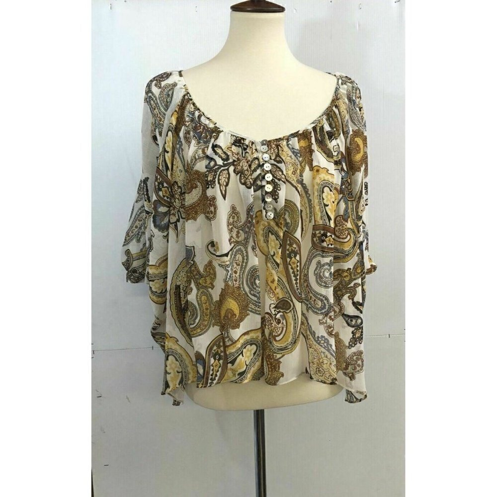 Wilster Women's New Loose Fit Gold Paisley 3/4 Sleeve Top Size S Ric1 - Picture 2 of 7